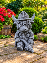 Load image into Gallery viewer, Fireman Highland Cow Garden Statue Solid Stone 30cm Antique Grey Patina
