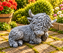 Load image into Gallery viewer, Big Head Highland Cow Garden Statue Solid Stone 30cm Antique Grey Patina