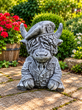 Load image into Gallery viewer, Military Highland Cow Garden Statue Solid Stone 30cm Antique Grey Patina