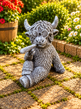 Load image into Gallery viewer, Smoker Highland Cow Garden Statue Solid Stone 30cm Antique Grey Patina