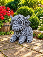 Load image into Gallery viewer, Moon Highland Cow Garden Statue Solid Stone 30cm Antique Grey Patina