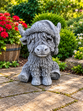 Load image into Gallery viewer, Hat On Highland Cow Garden Statue Solid Stone 30cm Antique Grey Patina