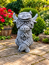 Load image into Gallery viewer, Farmer Highland Cow Garden Statue Solid Stone 30cm Antique Grey Patina