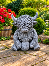 Load image into Gallery viewer, Footballer Highland Cow Garden Statue Solid Stone 30cm Antique Grey Patina