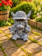 Load image into Gallery viewer, Gangster Highland Cow Garden Statue Solid Stone 30cm Antique Grey Patina