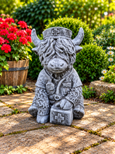 Load image into Gallery viewer, Nurse Highland Cow Garden Statue Solid Stone 30cm Antique Grey Patina