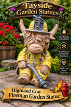Load image into Gallery viewer, Fireman Highland Cow Garden Statue Solid Stone 30cm