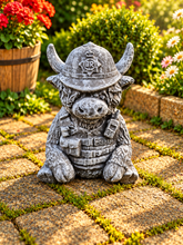Load image into Gallery viewer, Policeman Highland Cow Garden Statue Solid Stone 30cm Antique Grey Patina
