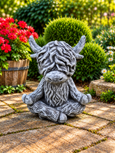 Load image into Gallery viewer, Meditating Highland Cow Garden Statue Solid Stone 30cm Antique Grey Patina
