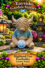 Load image into Gallery viewer, Footballer Highland Cow Garden Statue Solid Stone 30cm
