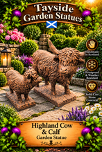 Load image into Gallery viewer, Mother and Calf  Highland Cow Garden Statue Solid Stone Mom 60 tall x70 long cm Calf 40cm tall
