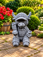 Load image into Gallery viewer, Plumber Highland Cow Garden Statue Solid Stone 30cm Antique Grey Patina
